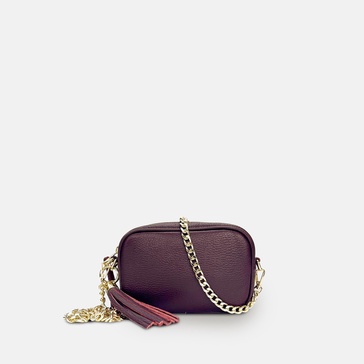 the mini tassel port leather phone bag with gold chain crossbody strap