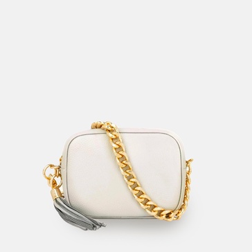 light grey leather crossbody bag with gold chain strap