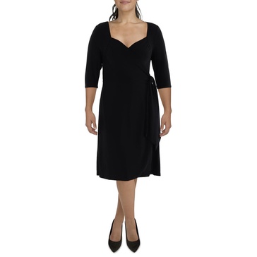 plus womens 3/4 sleeve knee-length wrap dress