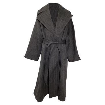 herringbone belted wrap coat in grey wool