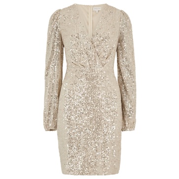 sequin x-over bodycon dress in champagne