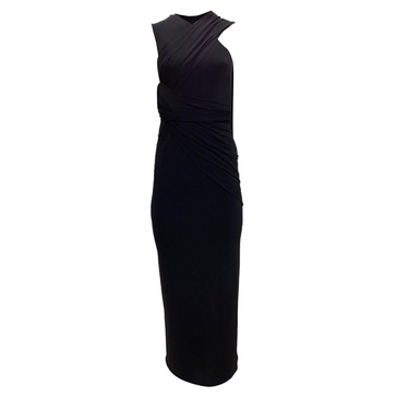asymmetrical draped cutout back dress in black acetate