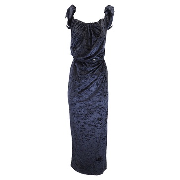 la robe velours le chouchou long asymetric draped dress in navy blue velvet