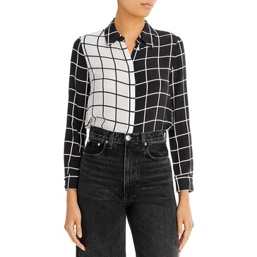 womens printed silk button-down top