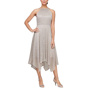 womens metallic handkerchief hem midi dress