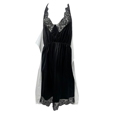 mm6   paneled lace-trim midi dress in black and white silk and cotton