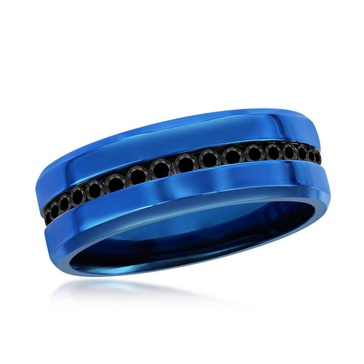 stainless steel blue w/ black cz eternity band ring