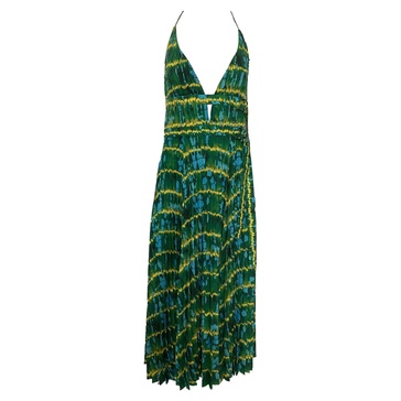winda double-belted pleated tie-dyed maxi dress in butterscotch blue green polyester