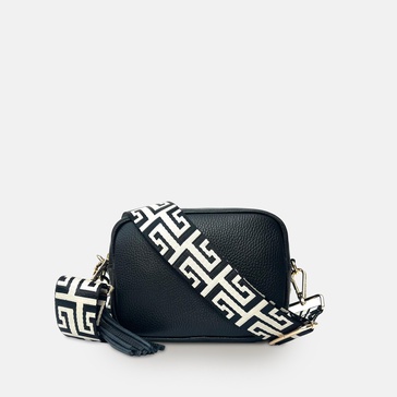 black leather crossbody bag with black & stone maze strap