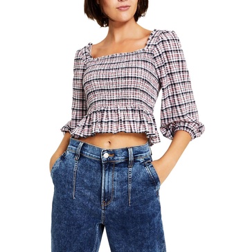 womens plaid smocked peplum top