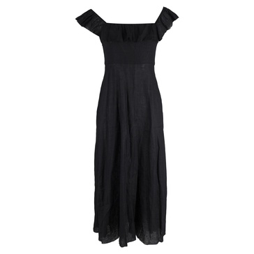 fiesta ruffle midi dress in black linen