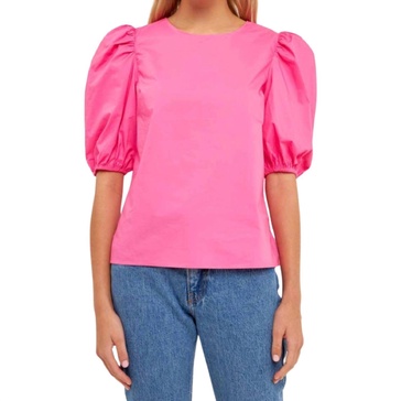 poplin puff sleeve blouse in fuchsia