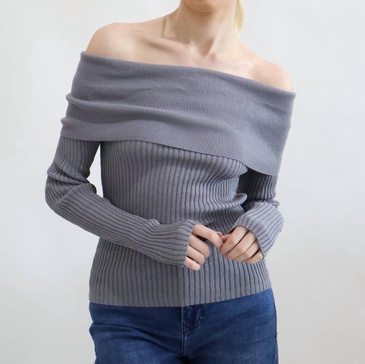 off the shoulder fitted sweater in gray