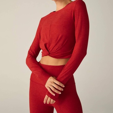 featherweight center stage cropped long sleeve pullover tee top in ruby red