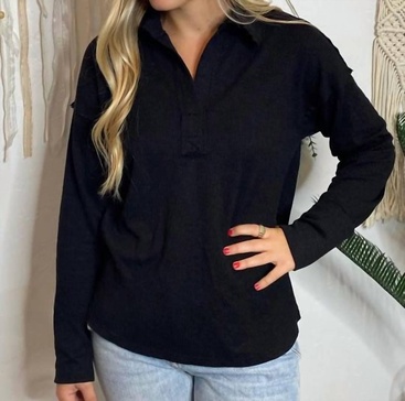 textured collared v-neck sweater in black