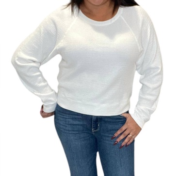 boxy raglan waffle long sleeve tee in white