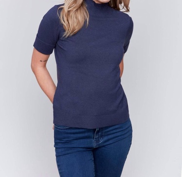 mock neck short sleeve sweater in denim