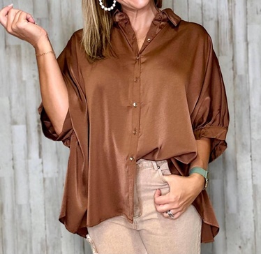 coco satin short sleeve top in brown