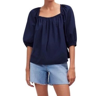 puff-sleeve babydoll top in navy