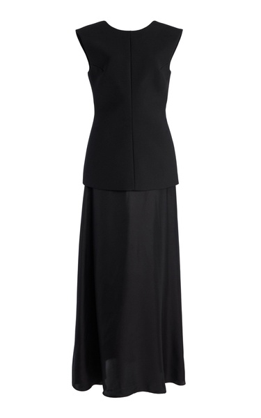 Silk-Skirt Open-Back Wool-Blend Maxi Dress