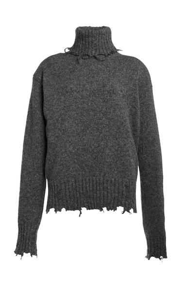 Distressed Wool-Blend Knit Turtleneck Top