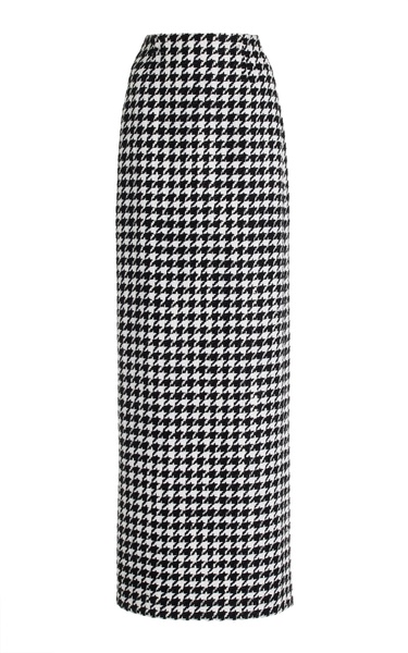 Houndstooth Linen-Blend Maxi Skirt