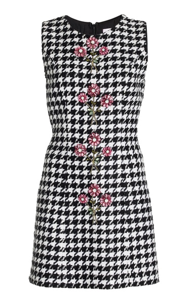 Embellished Houndstooth Linen-Blend Mini Dress