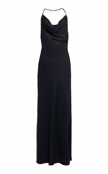 Crystal-Embellished Draped Satin Maxi Dress