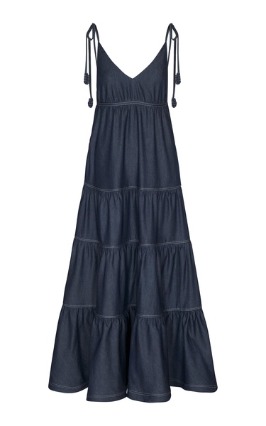 Caminhar Muito Tiered Tencel Chambray Maxi Dress