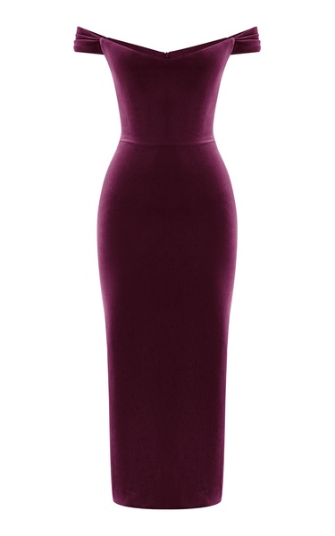 Off-The-Shoulder Velvet Corset Midi Dress