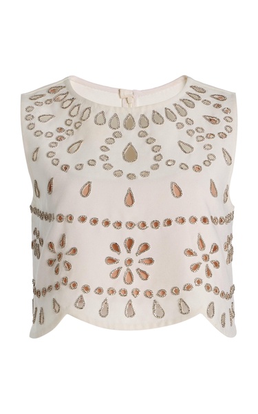 Tavy Crystal-Embellished Cutout Stretch-Crepe Crop Top