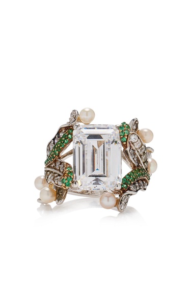 Lily 18K Gold, Rhodium Vermeil Emerald, Diamond, And Pearl Ring