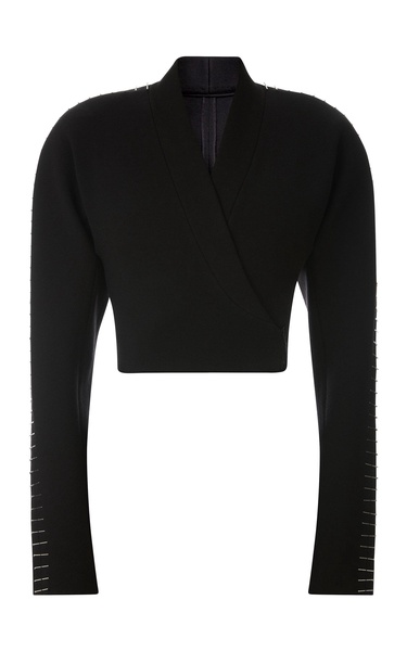 Pin-Detailed Wool-Blend Cropped Wrap Jacket