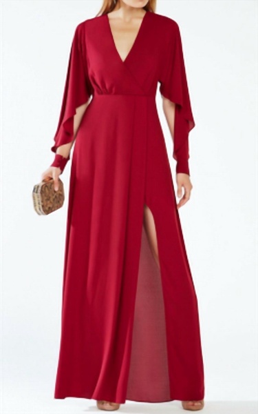 doran draped-sleeve gown in cranberry