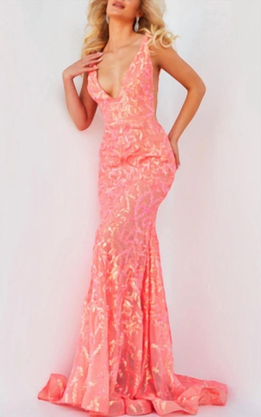 plunging v-neck sequin embellished gown in coral