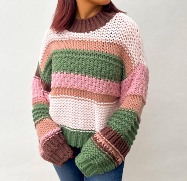 on a holidate color block stripe sweater in pink multi