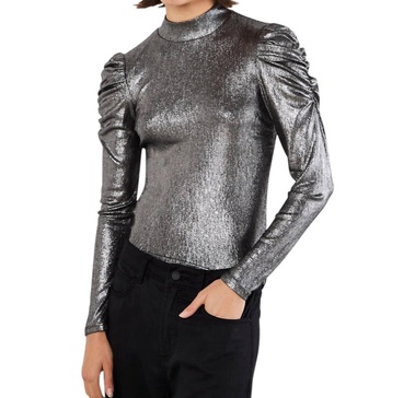 puffy sleeve metallic shirt in silver