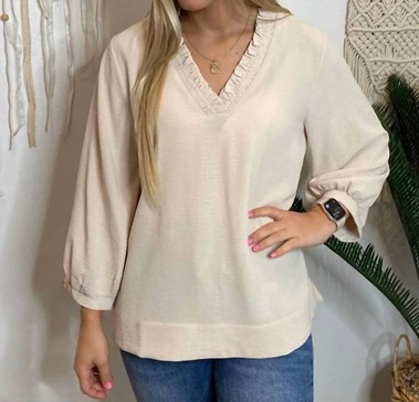 v-neck ruffled long sleeve top in oatmeal