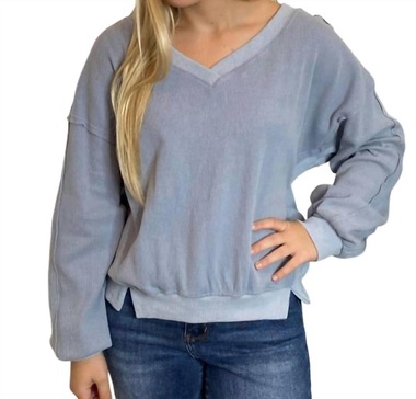 oversized off shoulder v-neck long sleeve top in dusty blue