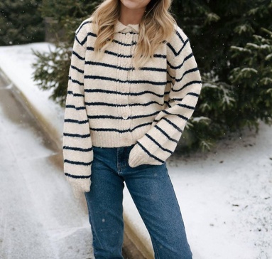 button stripe knit cardigan in cream/navy