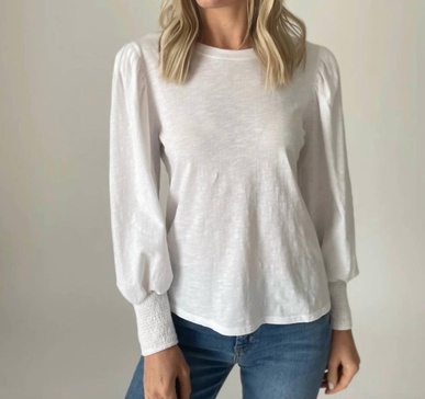 erika long sleeve puff shoulder top in white