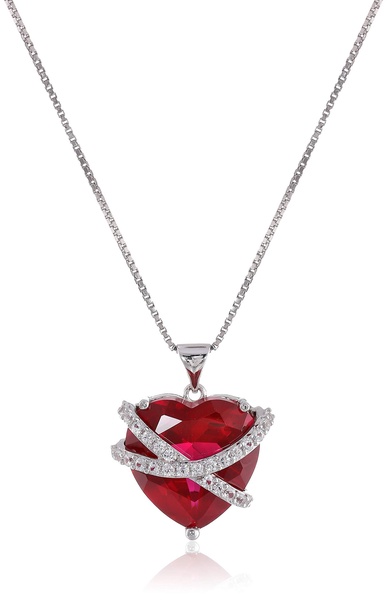 Amazon Essentials Sterling Silver Created Pink and White Sapphire Wrapped Heart Pendant Necklace , (previously Amazon Collection)