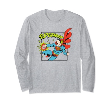 Amazon Essentials DC Comics Superman Action Punch Comic Square Long Sleeve T-Shirt