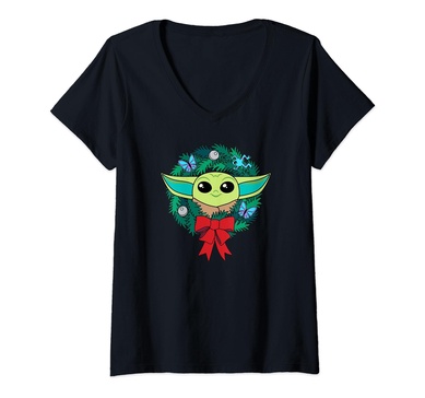 Amazon Essentials The Mandalorian Grogu Holiday Christmas Wreath V-Neck T-Shirt