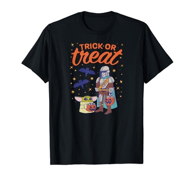 Amazon Essentials Men's The Mandalorian Grogu Halloween Trick or Treat T-Shirt, Black Graphic Print, Small