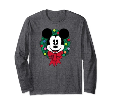 Amazon Essentials Mickey Mouse Festive Holiday Christmas Wreath Long Sleeve T-Shirt