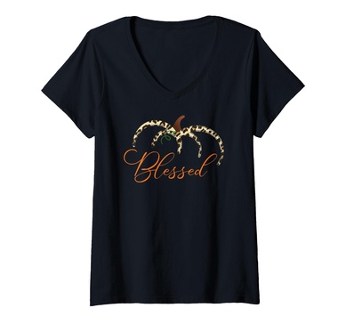Womens Fall Leopard Print Pumpkin Blessed women Thanksgiving V-Neck T-Shirt