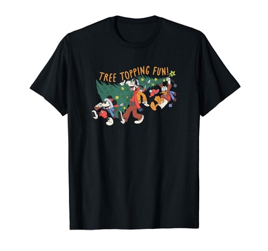 Amazon Essentials Men's Mickey Mouse Goofy and Donald Christmas Tree Topping Fun T-Shirt, Black Graphic Print, Small