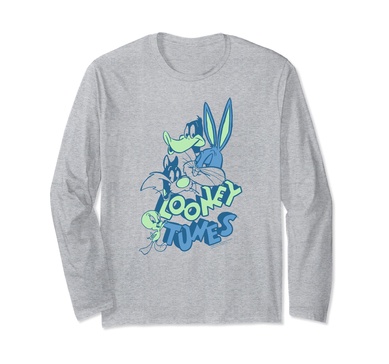 Amazon Essentials Looney Tunes Blue and Green Character Collage Long Sleeve T-Shirt