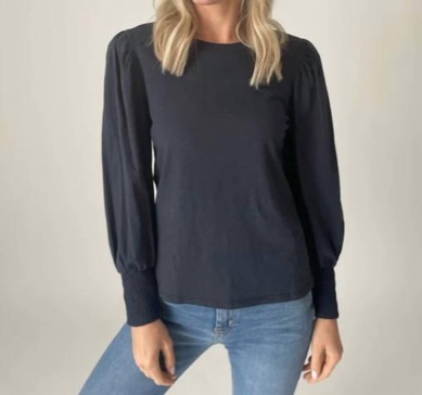 erika long sleeve puff shoulder top in navy